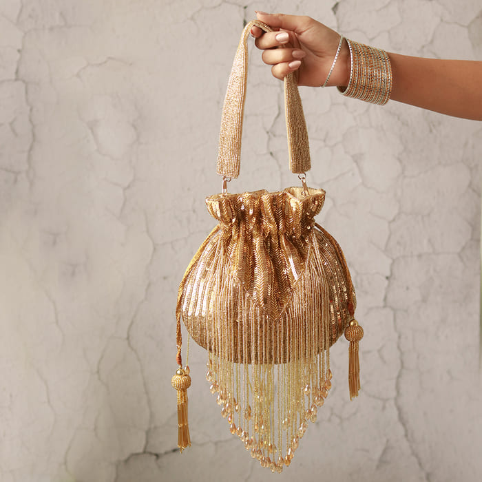 THE TAN CLAN Twinkle Heavy Tassles Potli with Handle