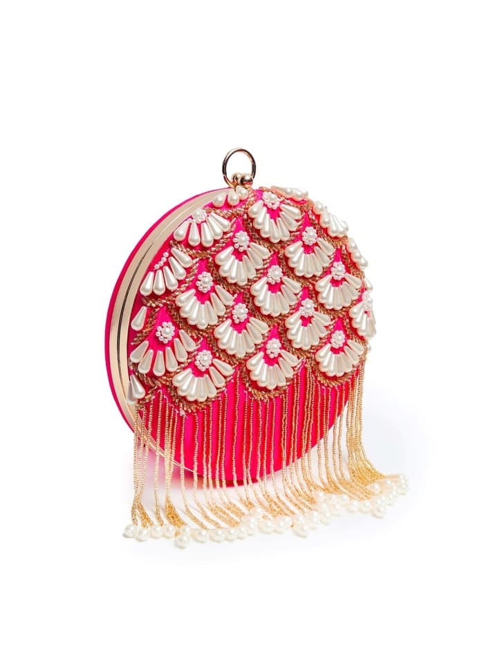 Irsa Round Hand Embroidered Clutch with Tassles