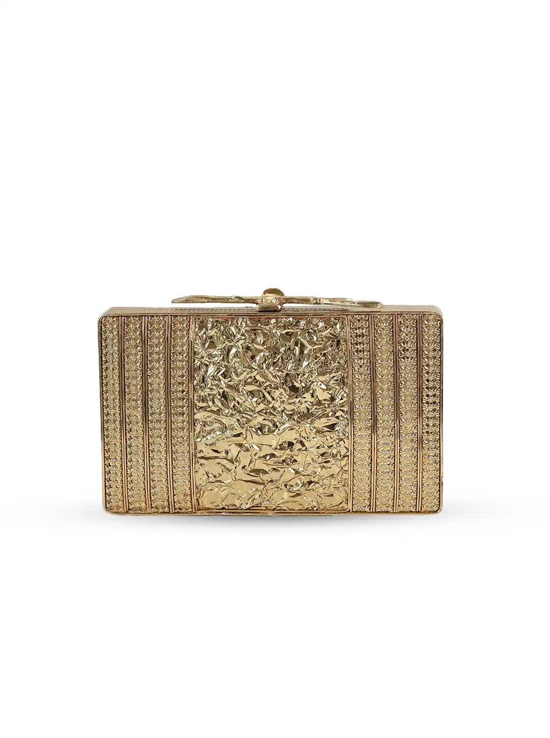 Gold clutch bag with textured surface on a white background