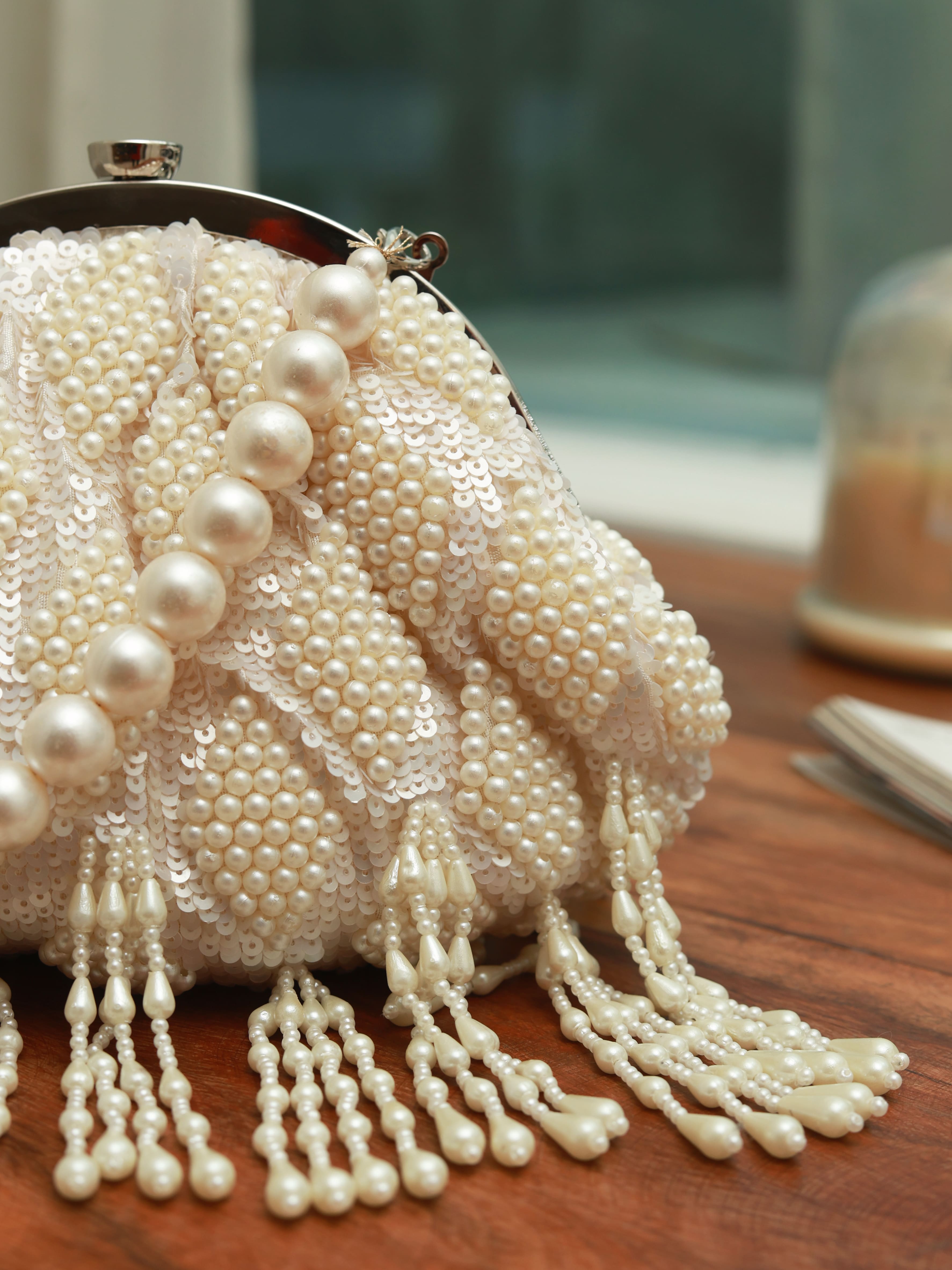 Tara Pearl Tasselled Batua with Detachable Handle