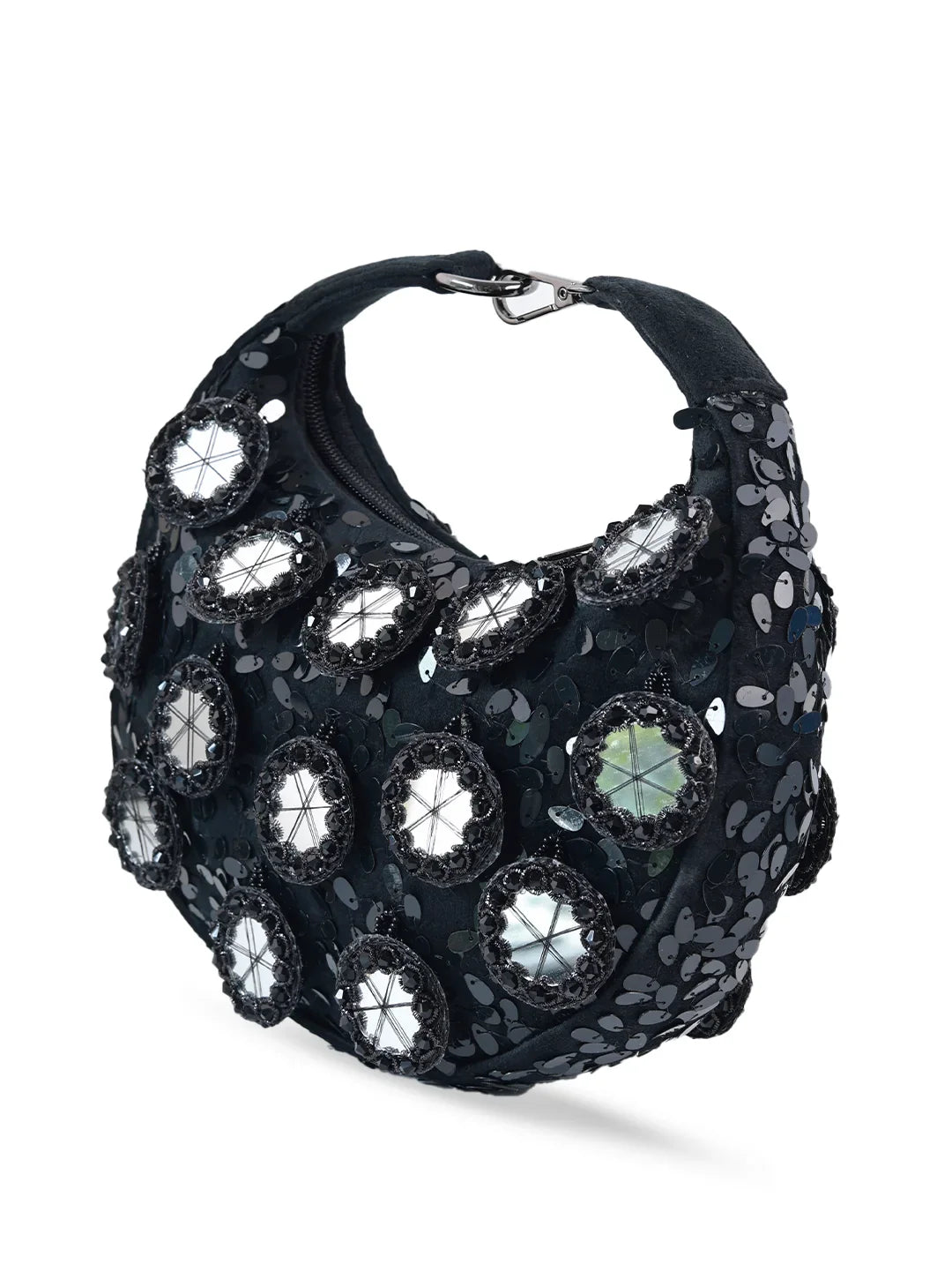 Black handbag with decorative elements on a white background