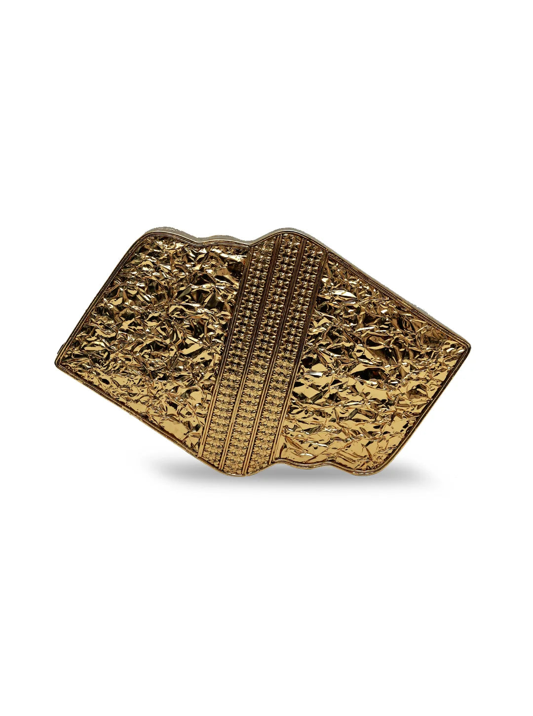 Gold decorative object with intricate patterns on a white background