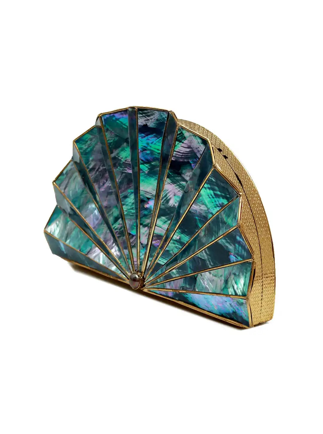 Elegant clutch with a fan-shaped design featuring blue and green stones on a white background