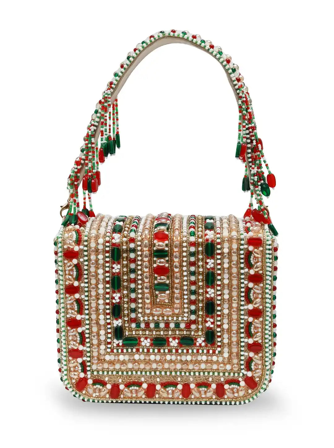 Decorative handbag with red and green embellishments on a white background