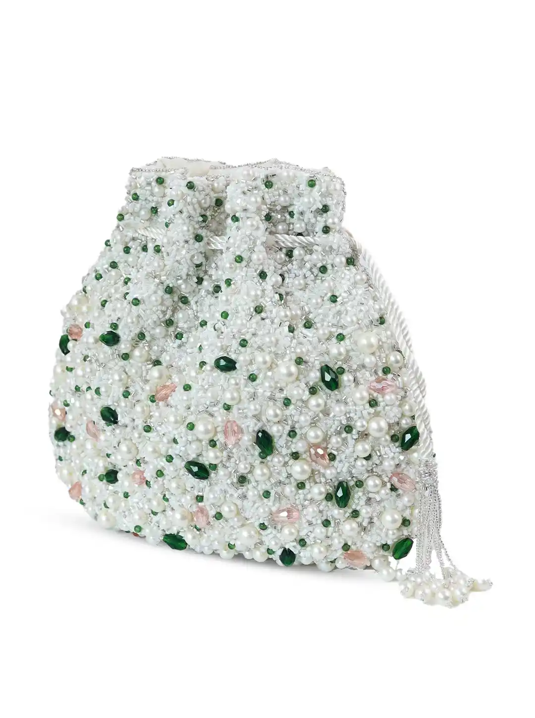 Drawstring bag made of pearls and beads on a white background
