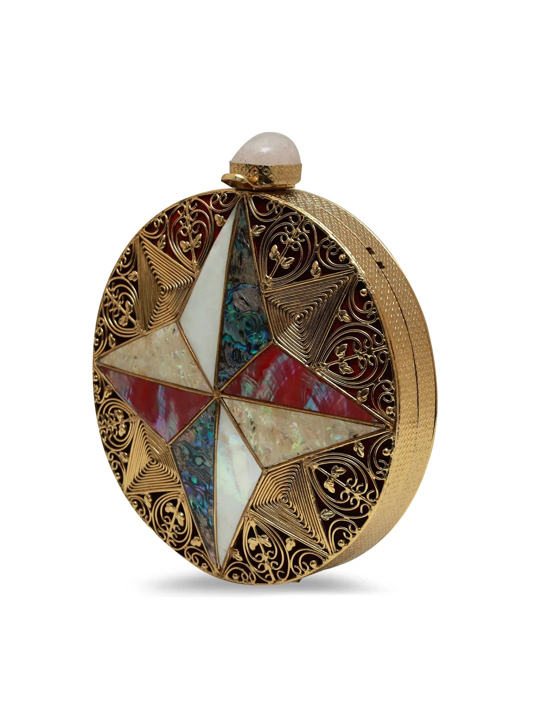 Decorative round container with gold intricate design and multicolored center on a white background