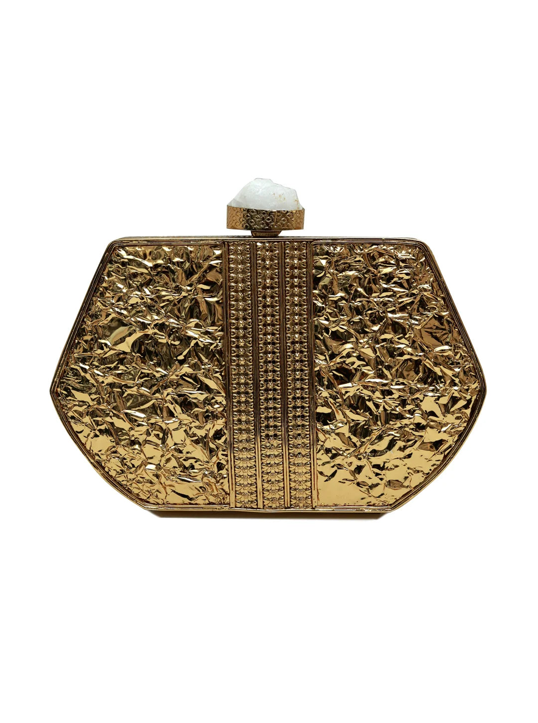 Gold textured clutch bag on a white background