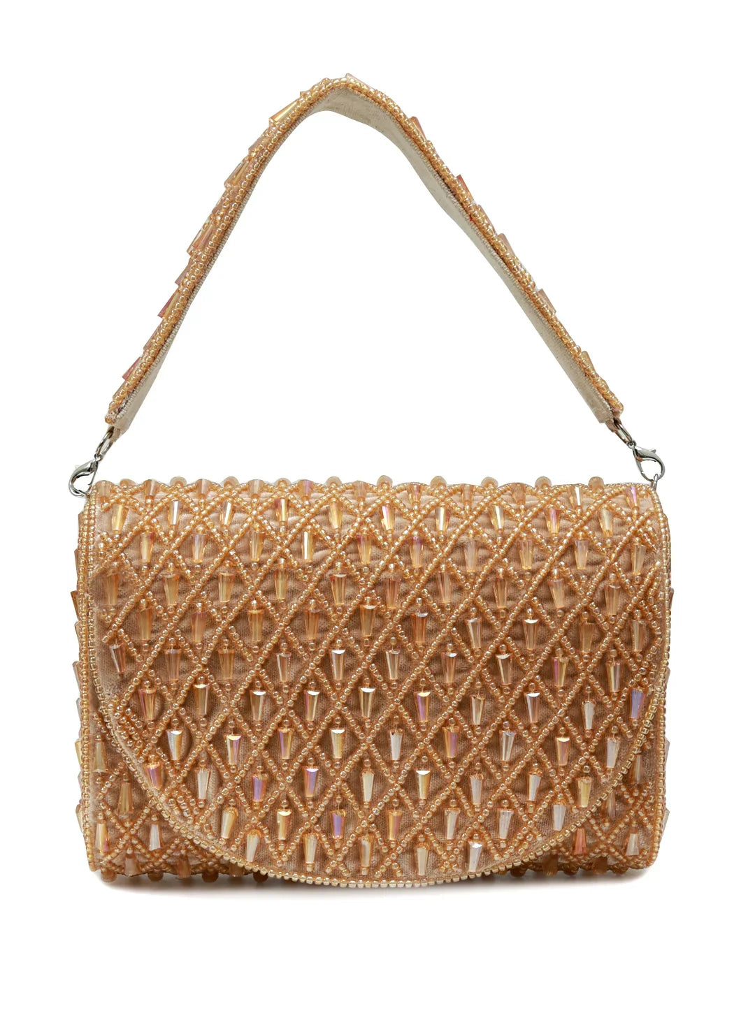 Gold beaded handbag on a white background
