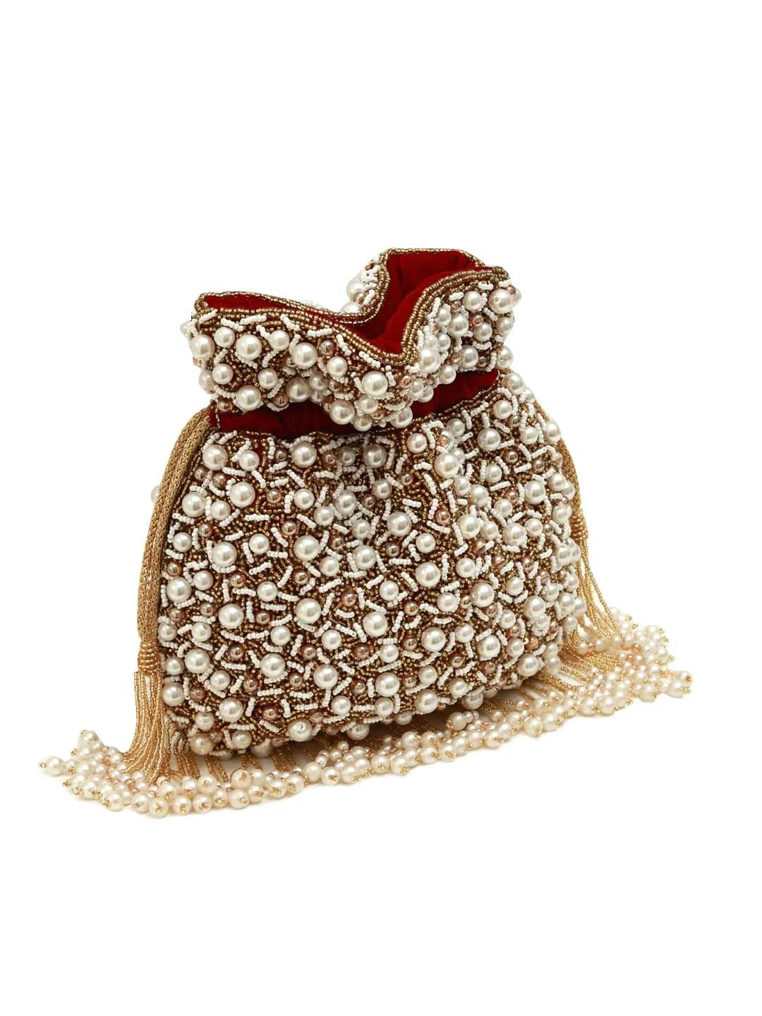 Rimsha Red Pearl Potli Bag with Tassels