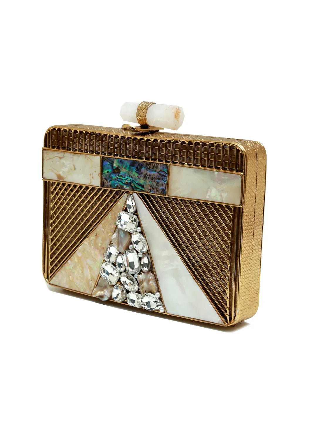 Gold clutch with gemstone accents on a white background
