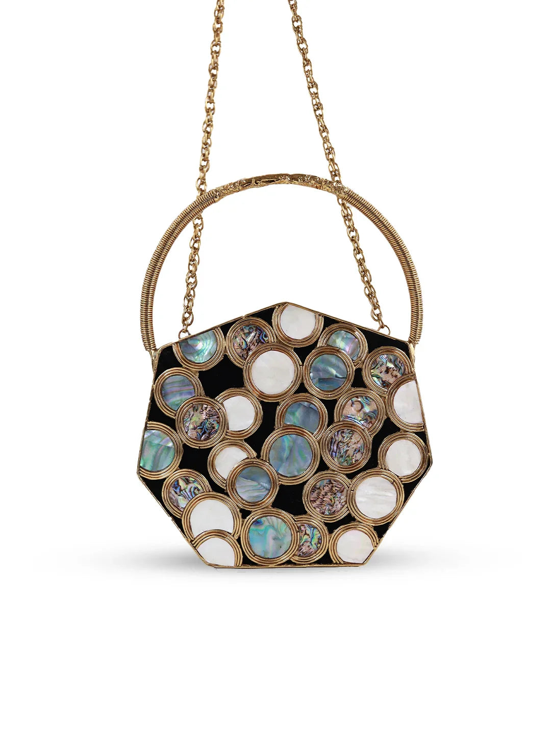 Decorative handbag with gemstone-like embellishments on a white background