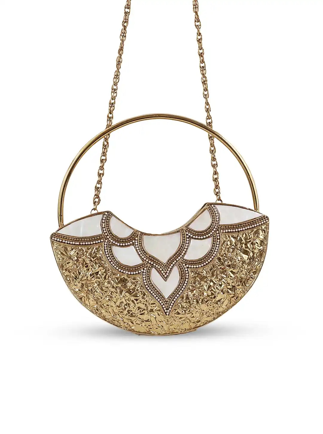 Gold and white handbag with intricate design on a white background