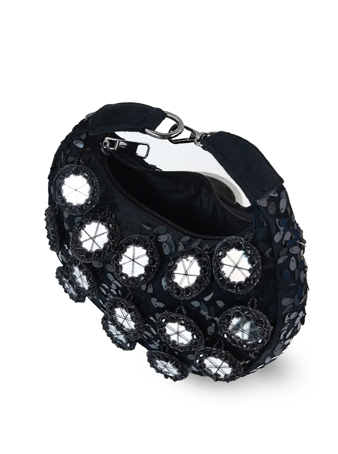 Black lace handbag with silver embellishments on a white background