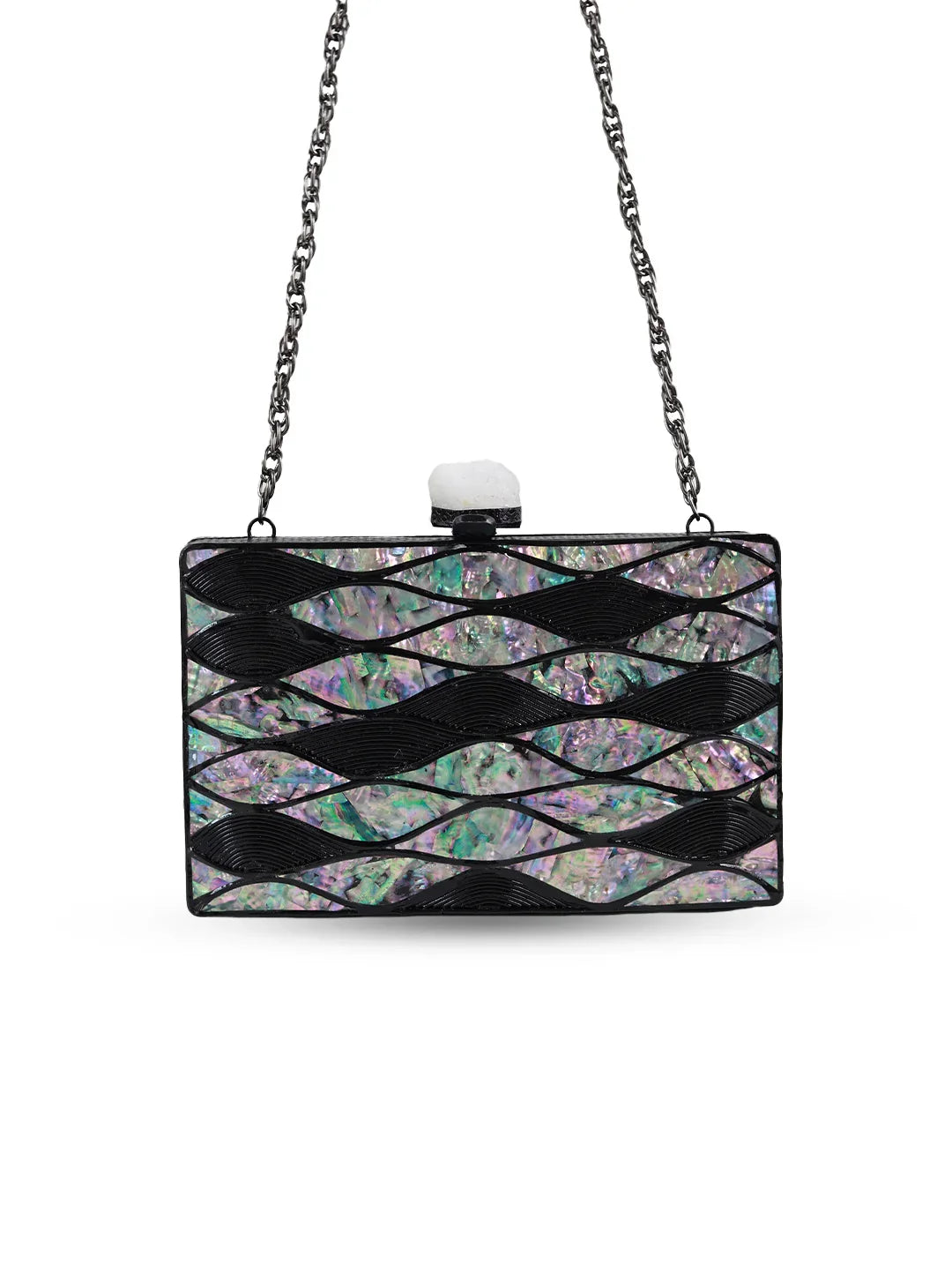 Handbag with a geometric pattern and chain strap on a white background