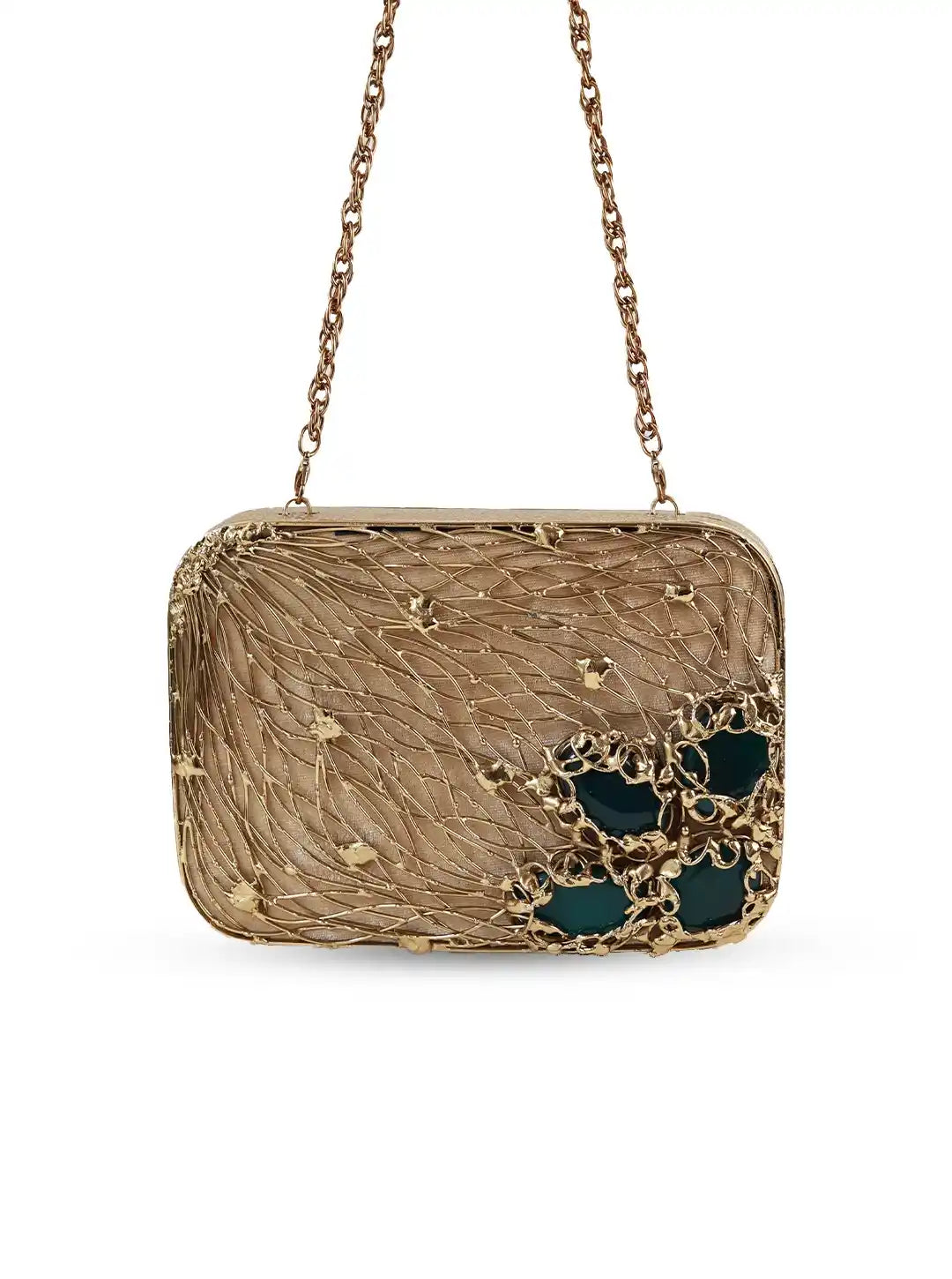 Gold handbag with green accents on a white background