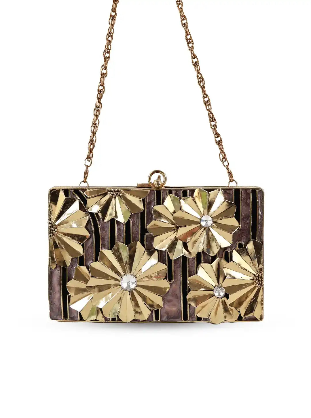 Gold floral clutch bag with a chain strap on a white background