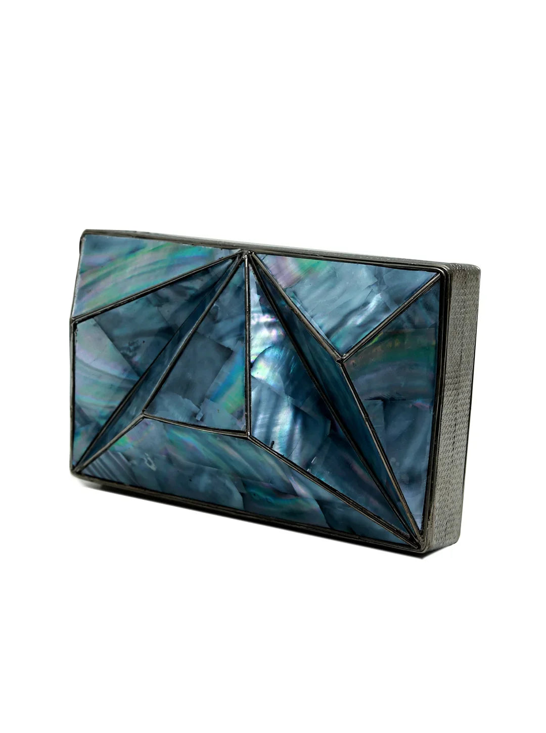 Blue geometric clutch bag on a white background