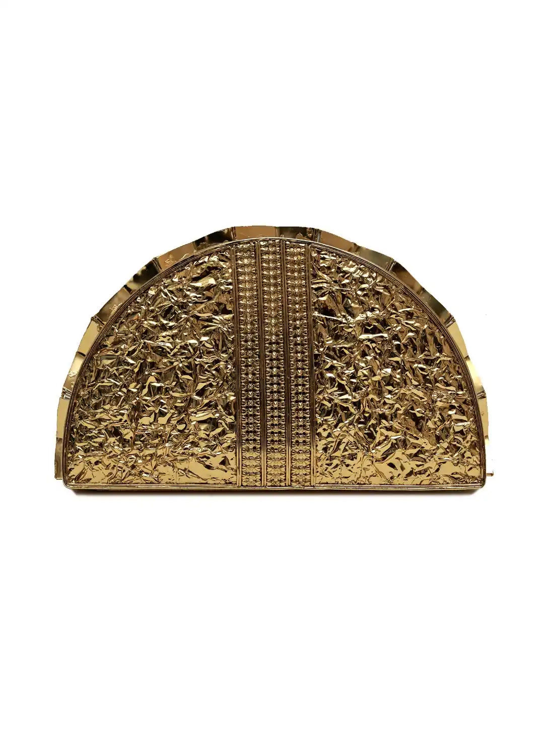 Gold half-moon-shaped decorative item with intricate patterns on a white background