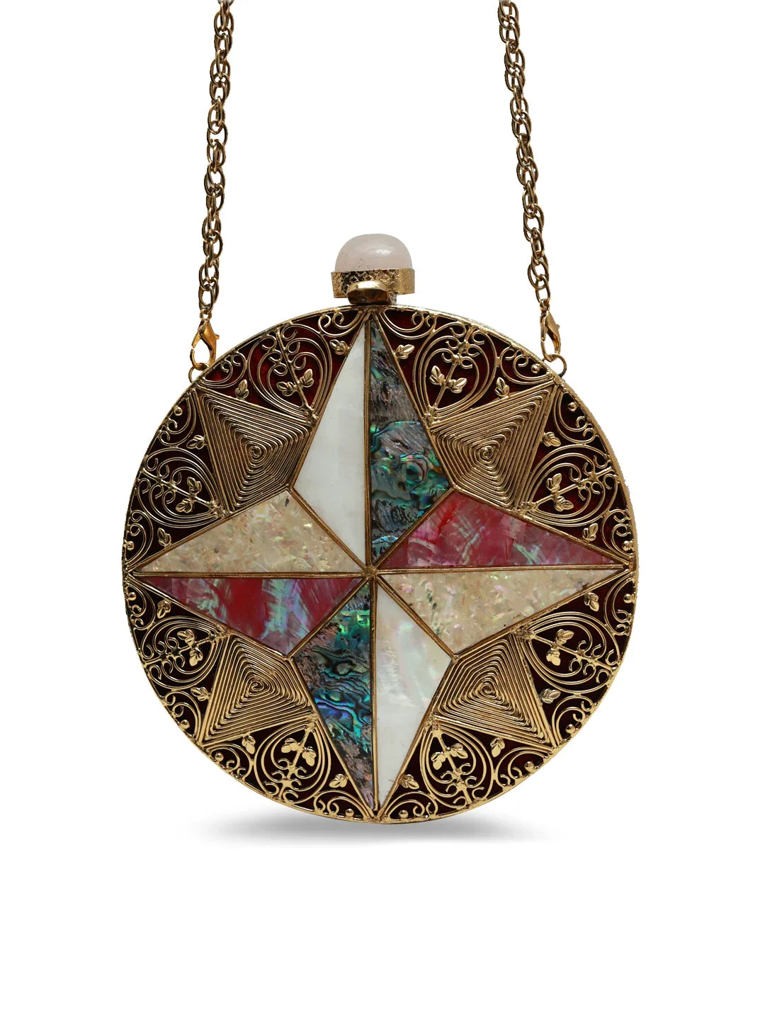 Decorative round pendant with star design and chain on a white background