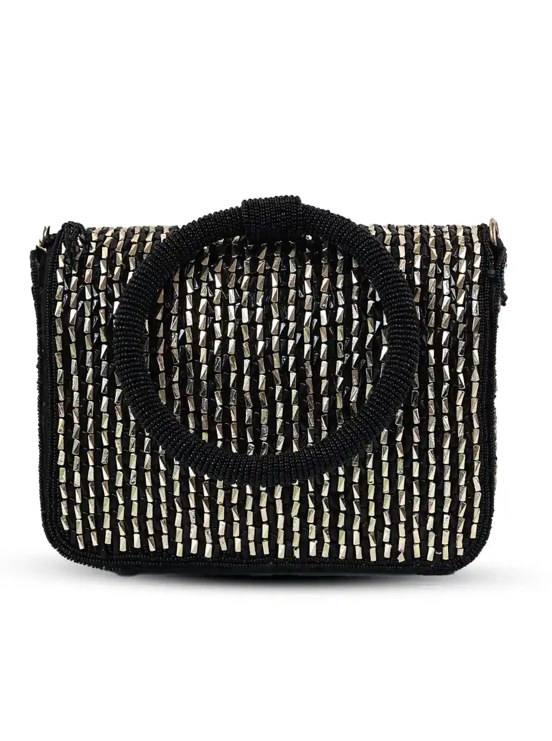 Black and white woven handbag with a circular handle on a white background