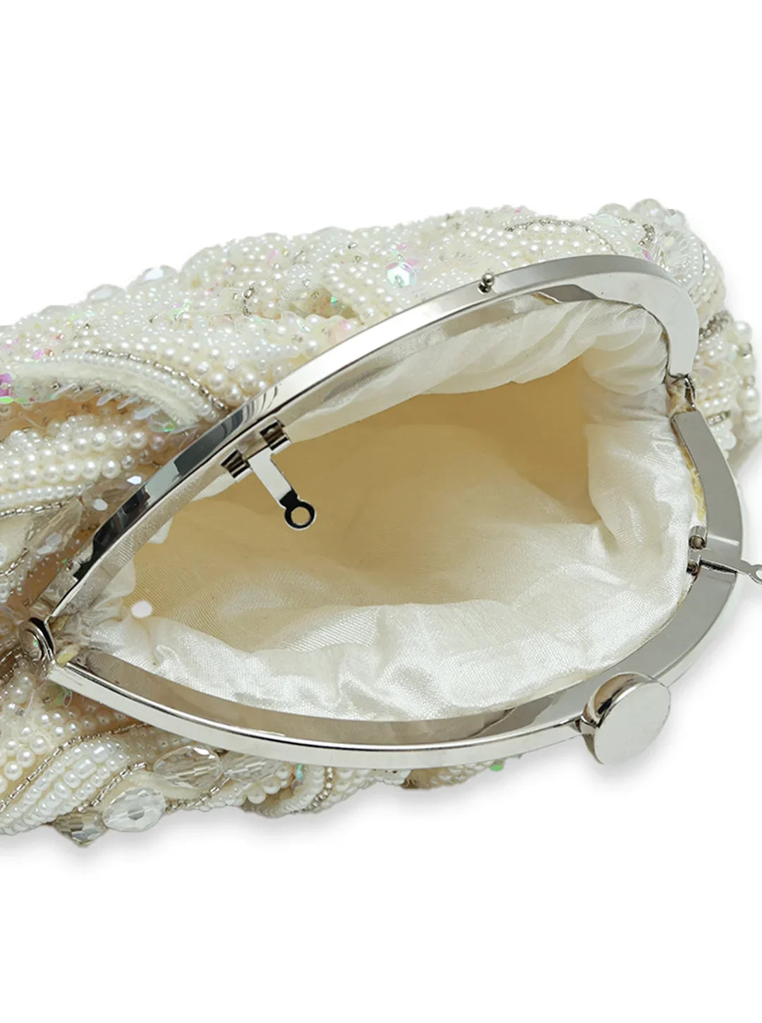 Pearl clutch bag with a silver clasp on a white background