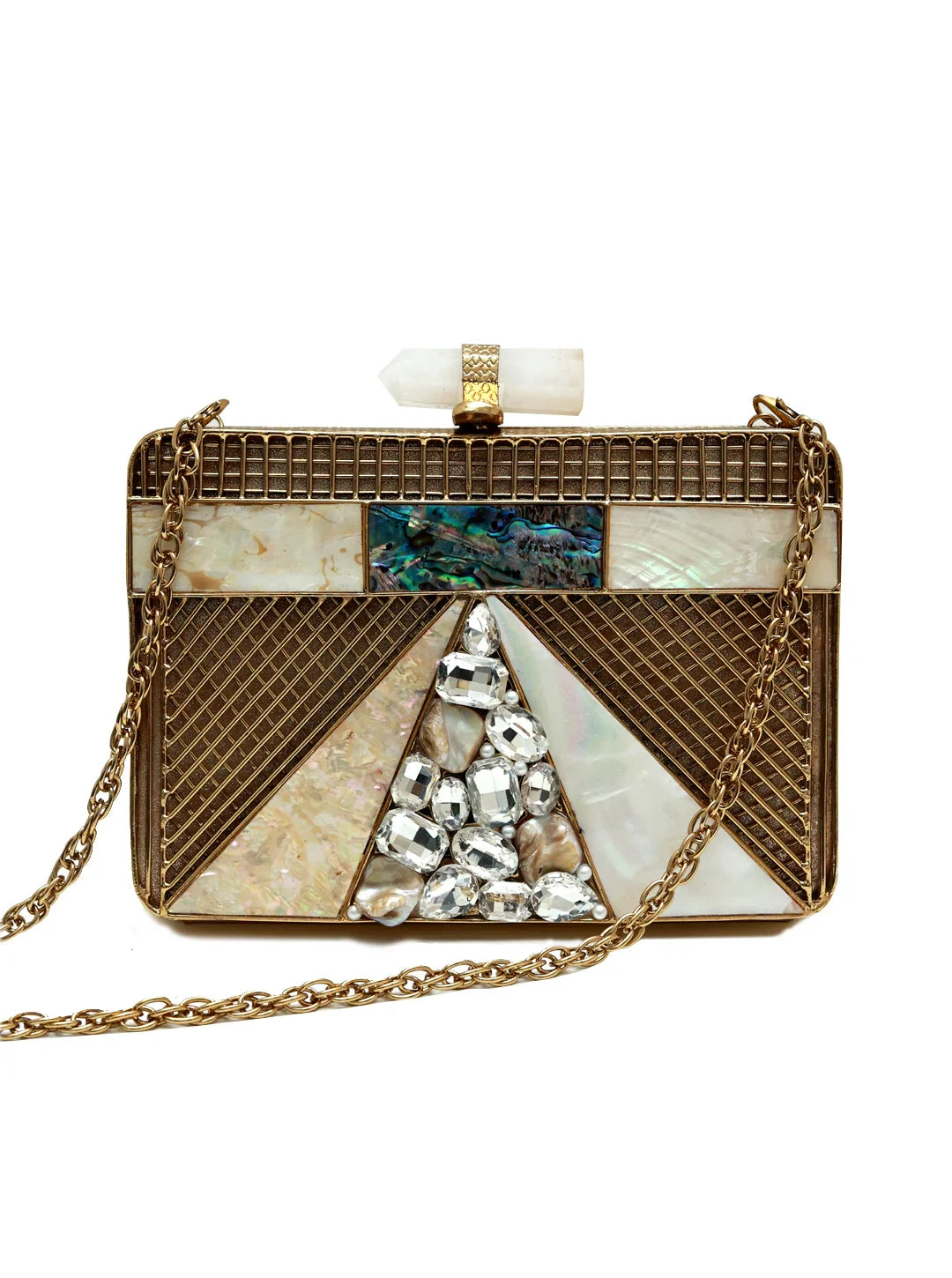 Decorative handbag with geometric design and gemstone accents on a white background