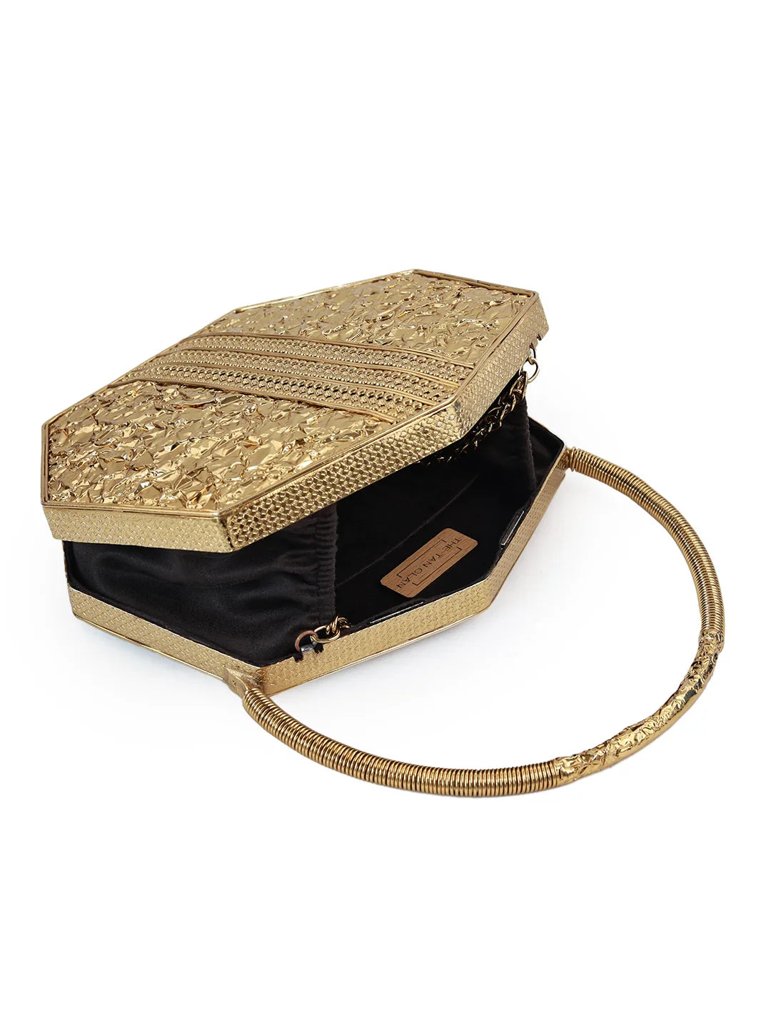 Gold embroidered handbag with a snake-like handle on a white background