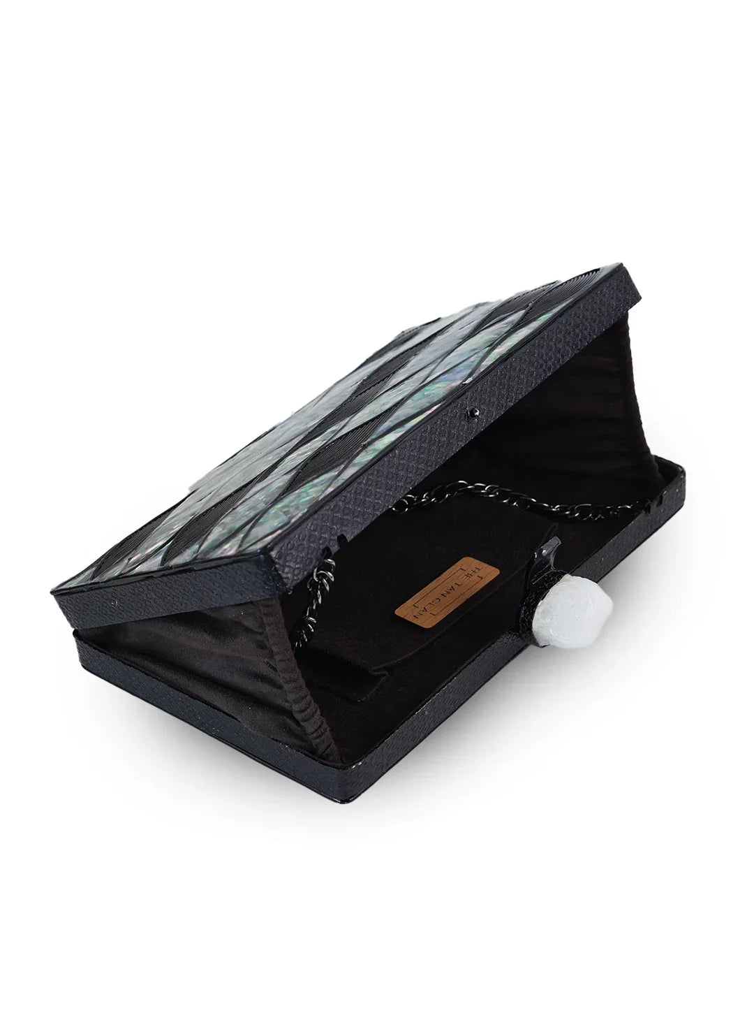 Black jewelry box with a mirror on a white background