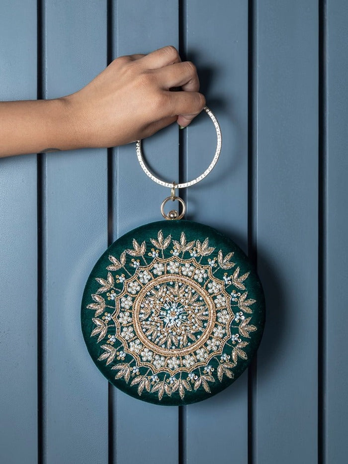 Ifrah Green Round Hand Embroidered Clutch