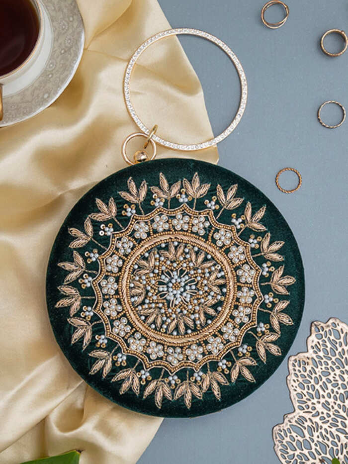 Ifrah Green Round Hand Embroidered Clutch