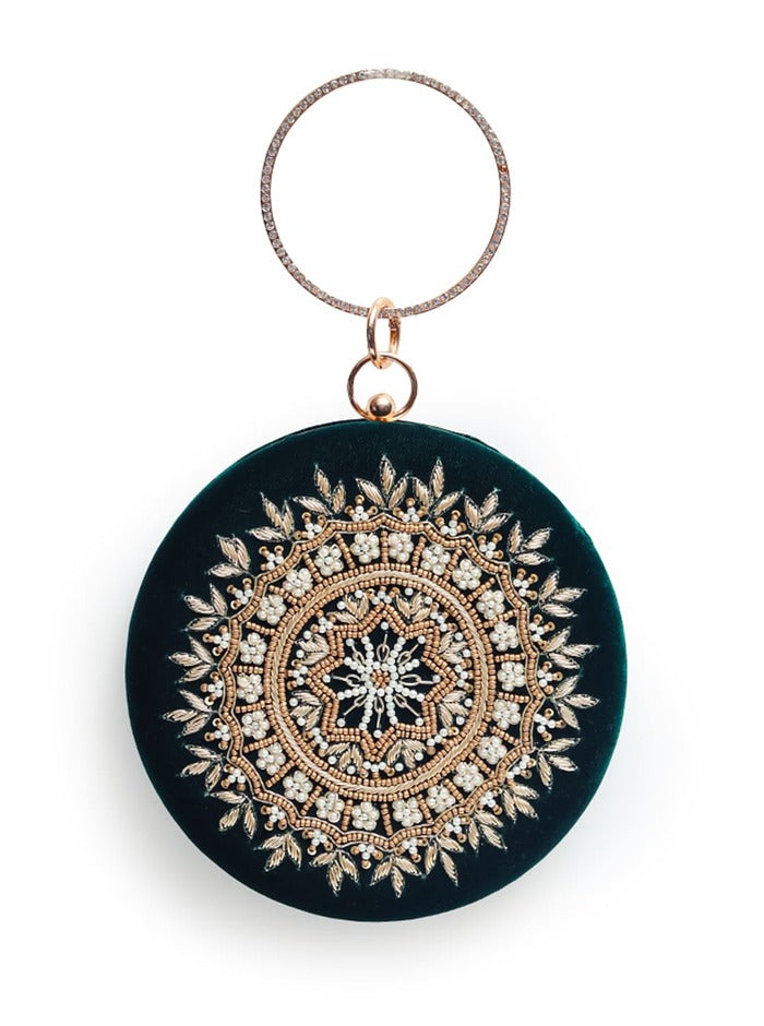 Ifrah Green Round Hand Embroidered Clutch