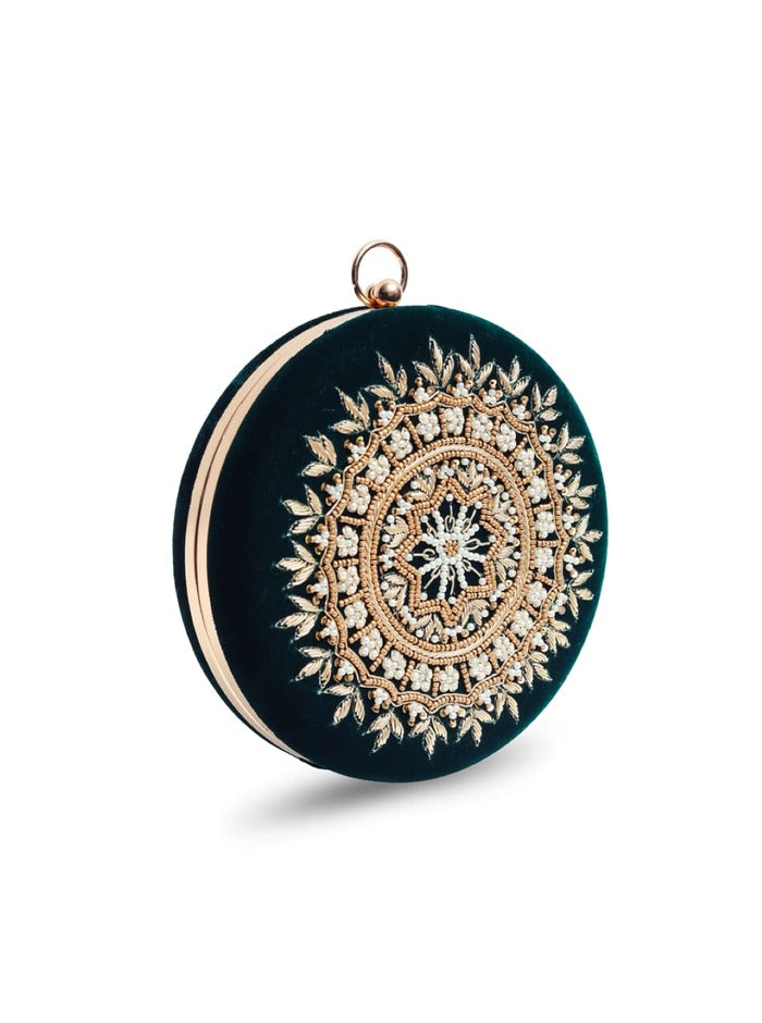 Ifrah Green Round Hand Embroidered Clutch