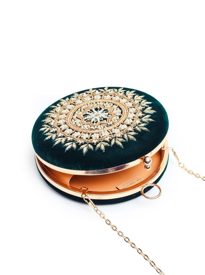 Ifrah Green Round Hand Embroidered Clutch