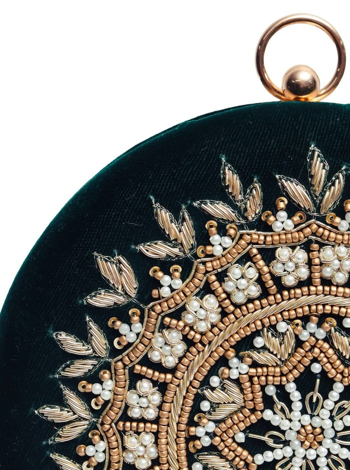 Ifrah Green Round Hand Embroidered Clutch