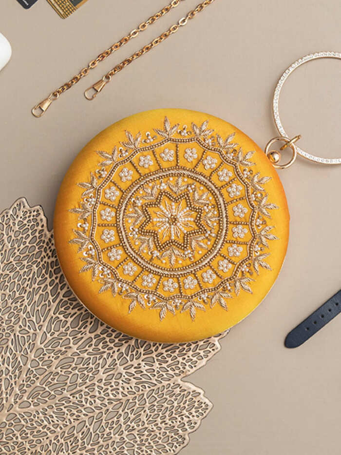 Ifrah Green Round Hand Embroidered Clutch