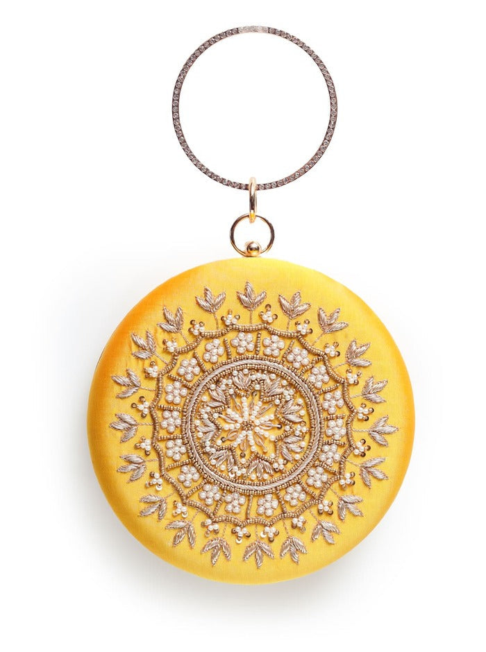 Ifrah Yellow Round Hand Embroidered Clutch