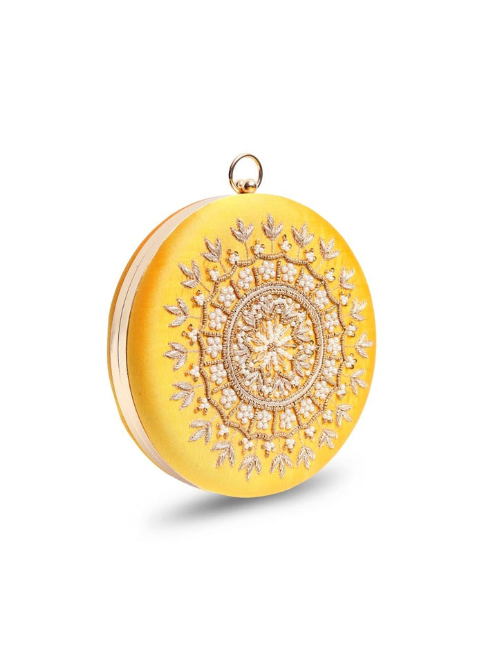 Ifrah Yellow Round Hand Embroidered Clutch