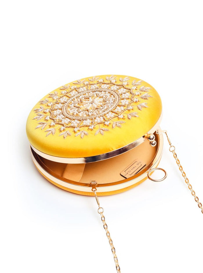 Ifrah Yellow Round Hand Embroidered Clutch