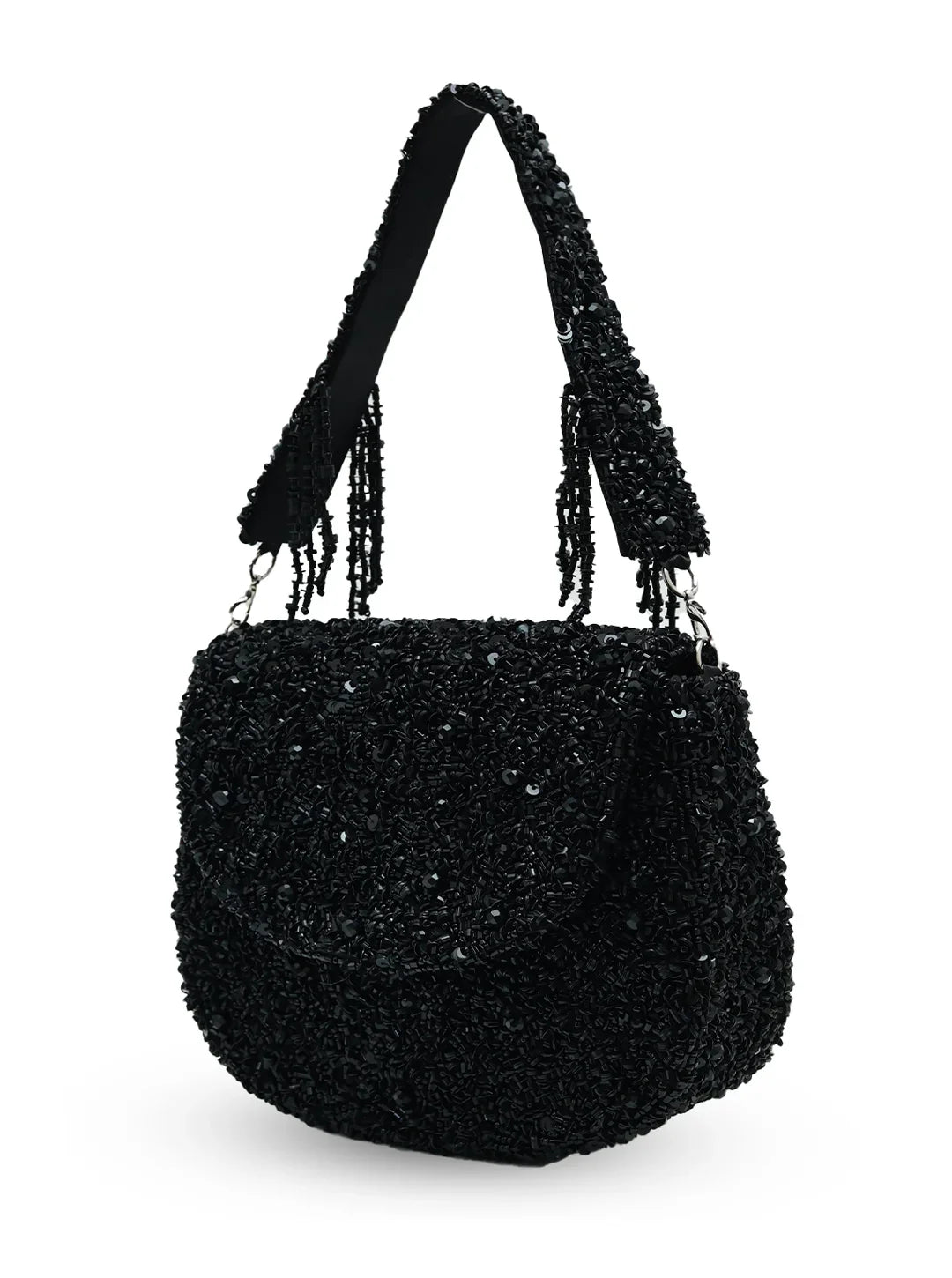 Black textured handbag with a handle on a white background