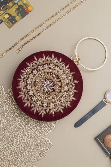 Ifrah Maroon Round Hand Embroidered Clutch