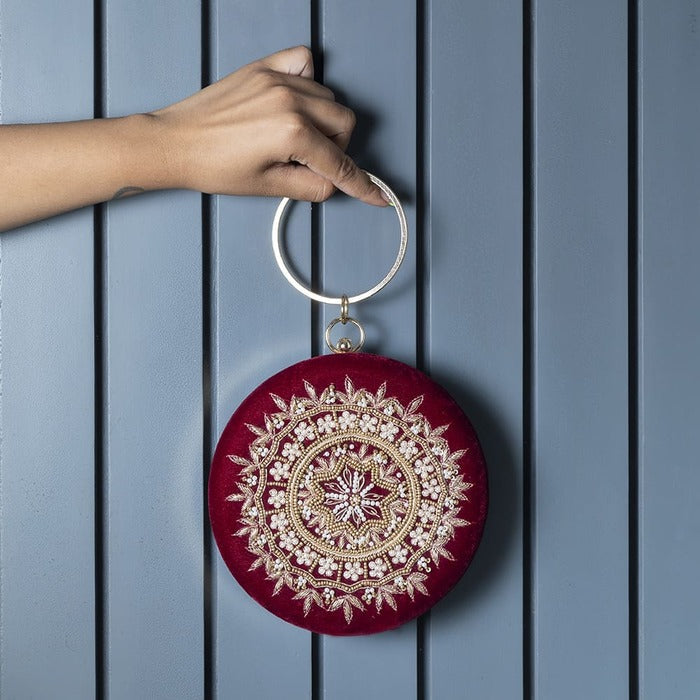 Ifrah Maroon Round Hand Embroidered Clutch