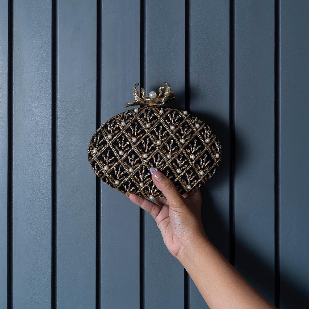 Zafraan Navy Blue Hand Embroidered Clutch