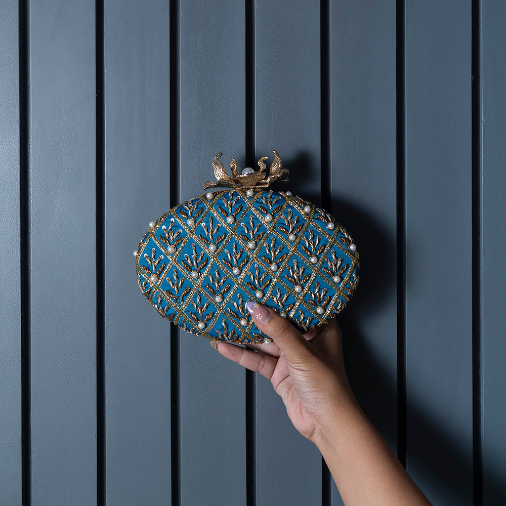 Zafraan Navy Blue Hand Embroidered Clutch