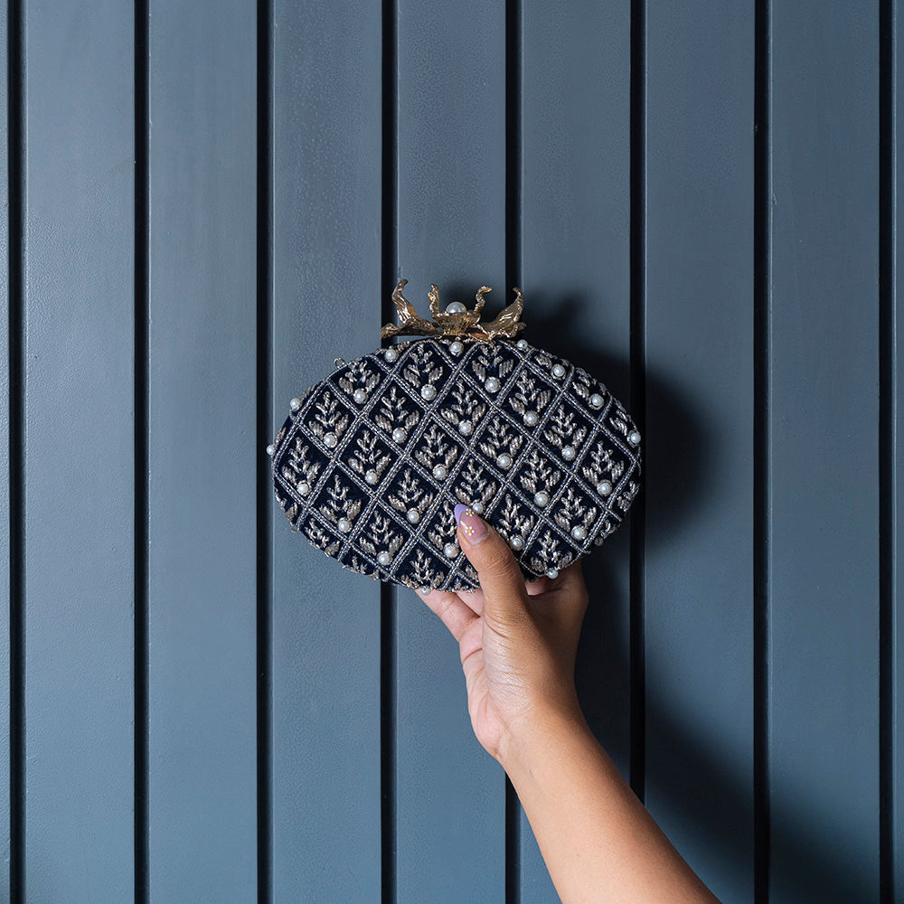 Zafraan Navy Blue Hand Embroidered Clutch