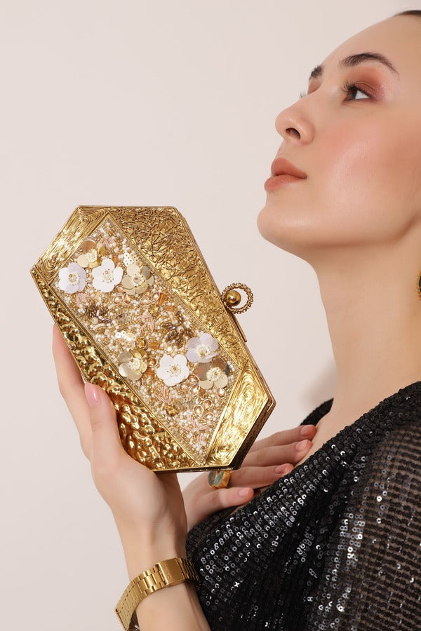 Fatima Gold Embellished Brass Clutch