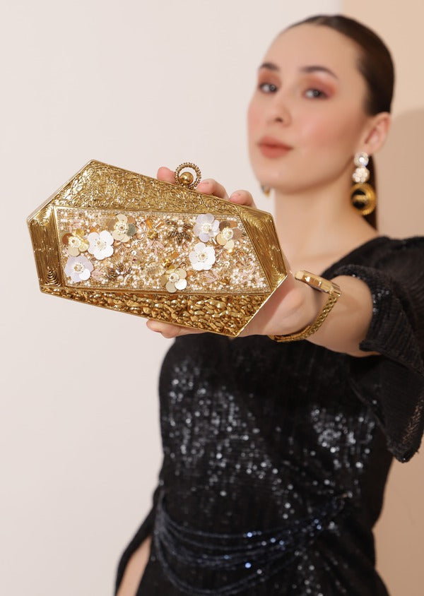 Fatima Gold Embellished Brass Clutch