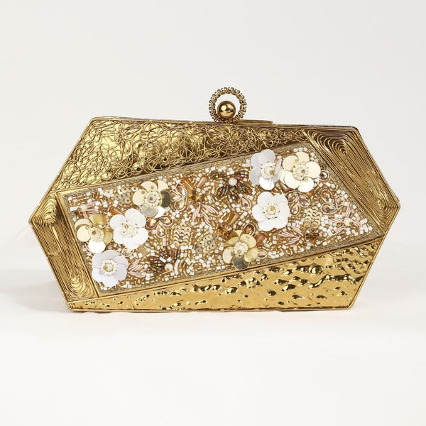 Fatima Gold Embellished Brass Clutch