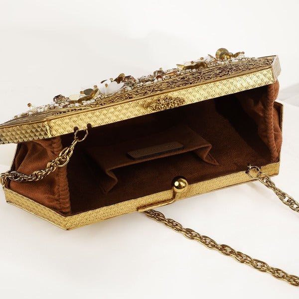 Fatima Gold Embellished Brass Clutch