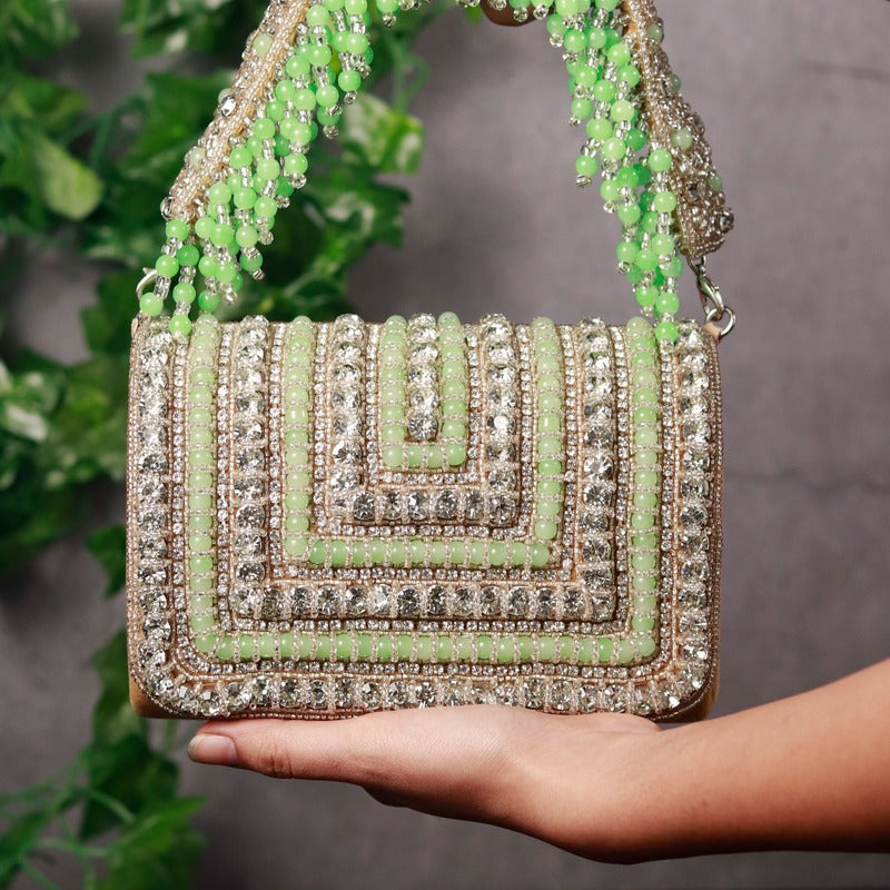 Nysa Green Embellished Flap over Clutch Bag