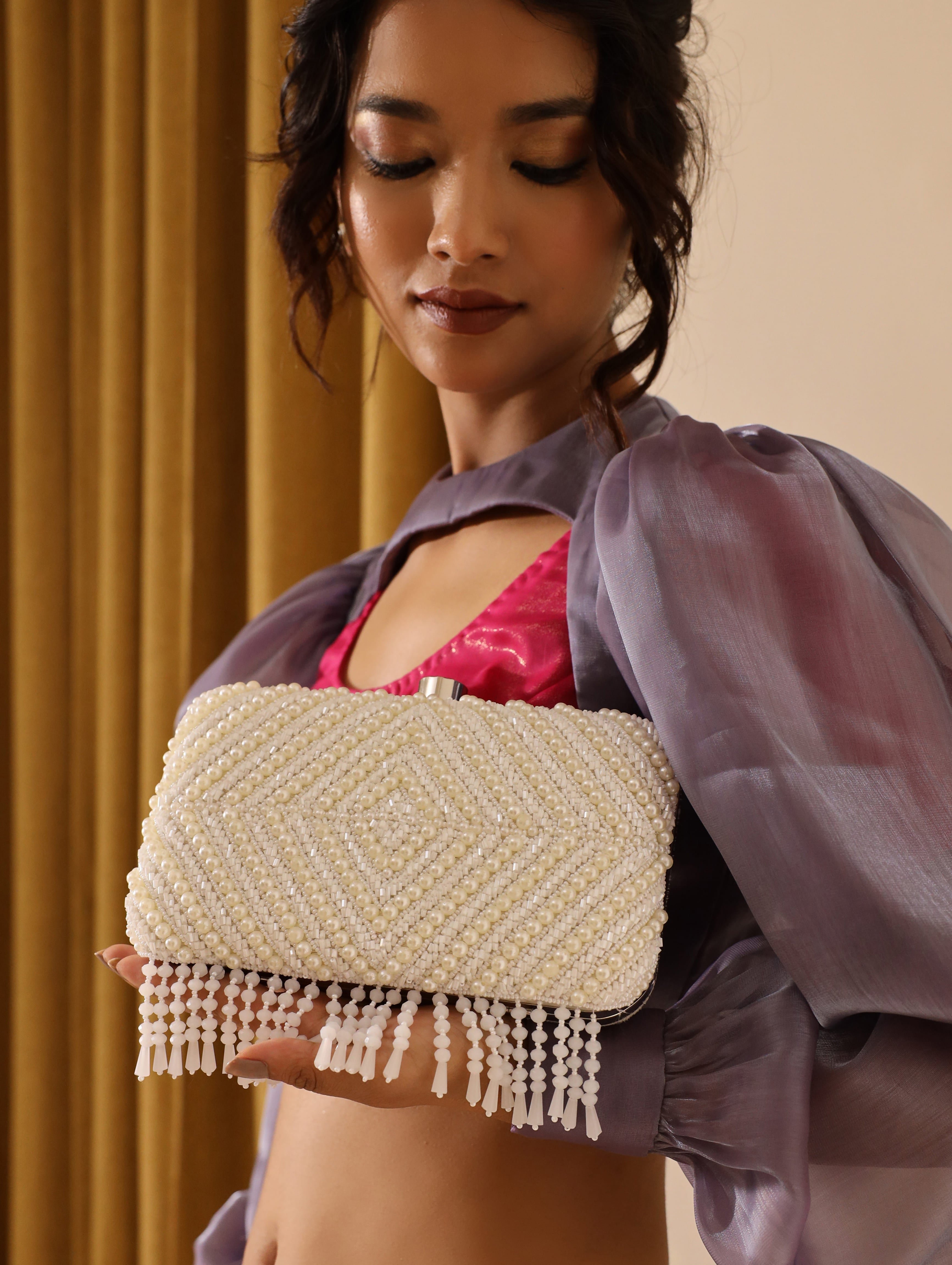 Pearly White Hand Embroidered Clutch